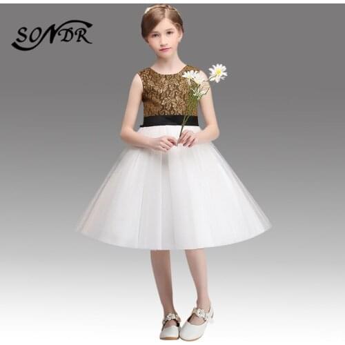 Gold Lace Flower Girl Dress HT131 O-neck First Communion Dresses for Girls Back Bow Elegant Flower Girl Tulle Ball Gowns