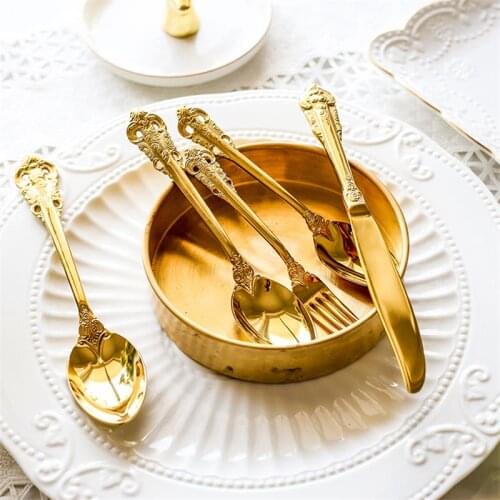 1pcs Luxury Golden Dinner Set Vintage Western Gold Plated Cutlery Stainless Steel Knife Fork Silver Dinnerware Kitchen Flatware