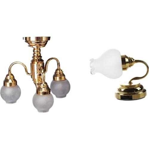 2 Pcs 1:12 Dollhouse Miniature LED Lamp Model Applies: 1 Pcs Brass Chandelier 3 Arm Lamp LED Ceiling Lamp Glass Shade & 1 Pcs Me