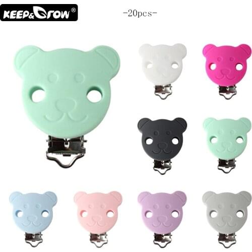 Keep&Grow 20Pcs Bear Silicone Pacifier Clip Food Grade Baby Teethers Metal Clips Holder Soother DIY Tool Nursing Toy Accessories