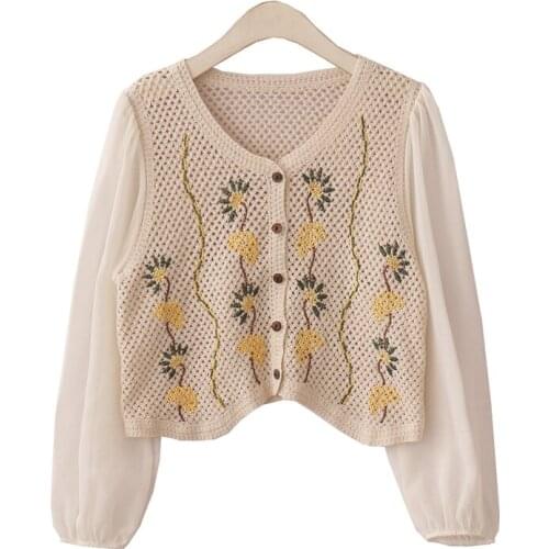 Vintage Women Blouse Autumn Flower Embroidery V-Neck Hollow Out Long Lantern Sleeve Shirts Chiffon Button Office Lady Elegant