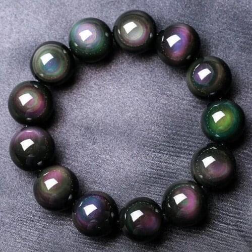 Natural Stones Black Rainbow Eye Obsidian Bracelet Crystal Quartz Round Bead Men Women Bracelet Energy Gift Lucky Jewelry