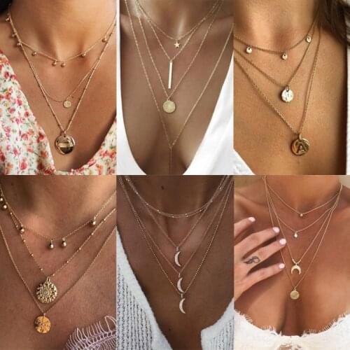 FNIO Vintage Crystal Round Pendant Necklace for Women Bohemian Multilayer Choker Necklace Moon Star on neck Choker Jewelry Gift