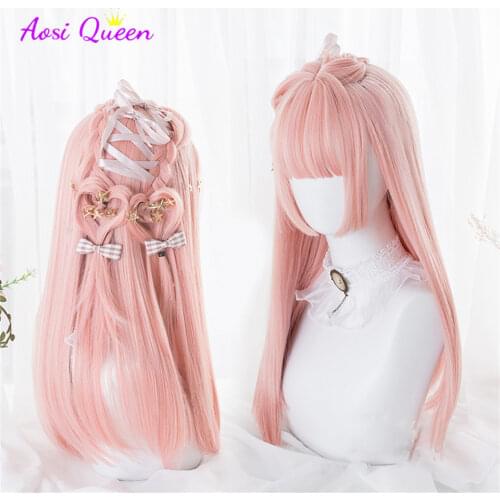 LM Long Straight Hair Pink Synthetic Lolita Wigs with Bangs for Women Fashion Female Cosplay Party Christmas Wigs Free Gifts