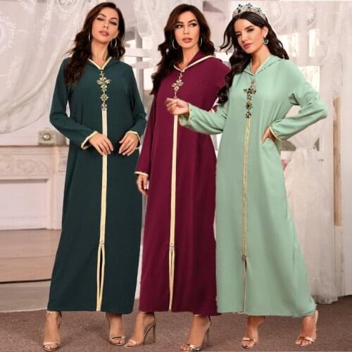 Exquisite Ladies Hooded Long Dress Multicolor Handmade Rhinestone Dress Kaftan Turkish Evening Dress Abaya Middle East Clothing