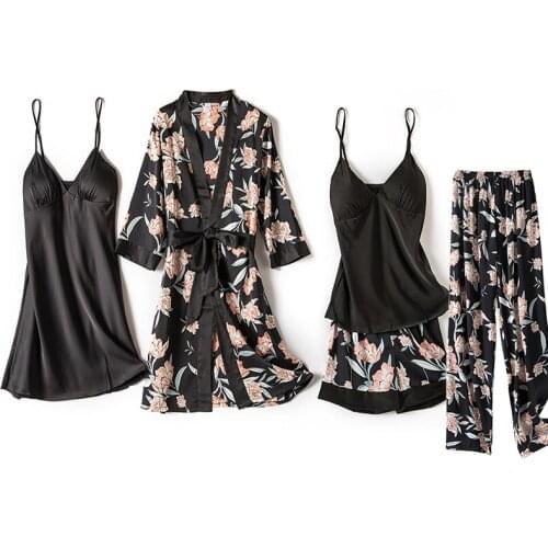 KISBINI Women Sexy Nightdress Robe Set 5PC Sling Nightgown Night-Robe Top Shorts Pants Summer Ice Silk Printed Female Sleepwear