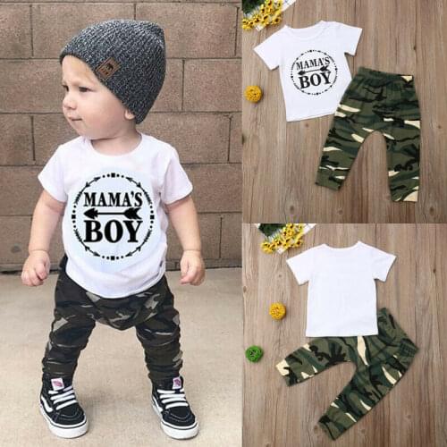 Summer Newest Fashion Newborn Baby Boy Clothes Cotton Letters Tops T-Shirt Camouflage Pants 2Pcs Outfits Summer Clothes