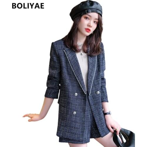 Boliyae New Suit with Shorts for Women Spring and Autumn Tweed Plaid Long Sleeve Blazer Sets Fashion Double Breasted Jacket Tops