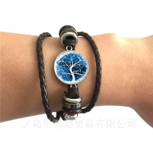 Life Tree Leather Bracelet Glass Cabochon Black/Brown 2 Color Leather Vintage Statement Bangle Fashion Men Women Jewelry Gift