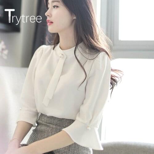Trytree 2020 Summer Blouse Women Casual O-neck Solid Loose Three Quarter Flare Sleeve Fashion Temperament All-Purpose Blouse Top