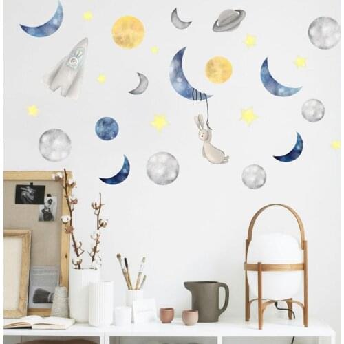 Cartoon Moon Rabbit Starry Sky Wall Sticker DIY Bedroom Kids Baby Room Decoration Kindergarten Wallpaper Home Decor Stickers