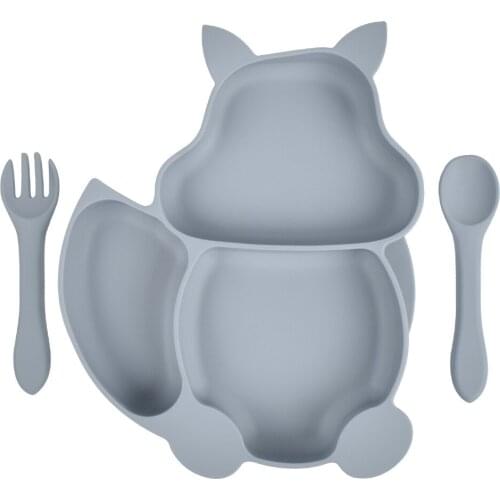 3 Pcs Set Of Childrens Squirrel Silicone Dinner Plate Fork Spoon Baby Learn To Feed Heatable Suction Cup Tableware Accessories