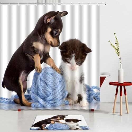 Cute Cats And Dogs Shower Curtains Set Animals Bath Mats Entrance Door Mat Room Decoration Rugs Bathroom Screen Non-Slip Carpet