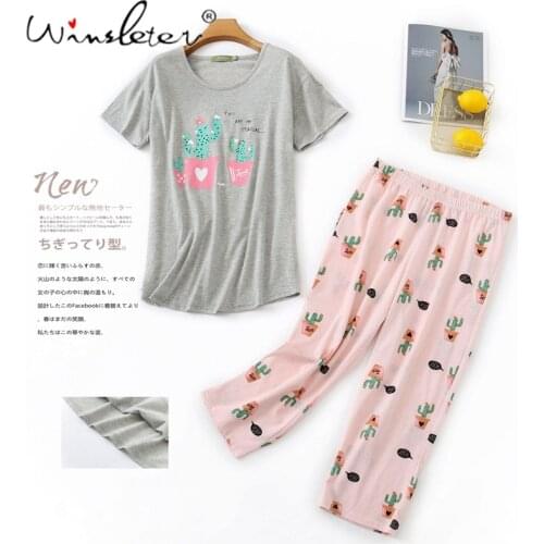 New Pajamas for Women Cactus Printed Knitted Cotton Sleepwear 2 Pcs Set Plus Size Short Sleeve Lounge Thin Summer T13812A