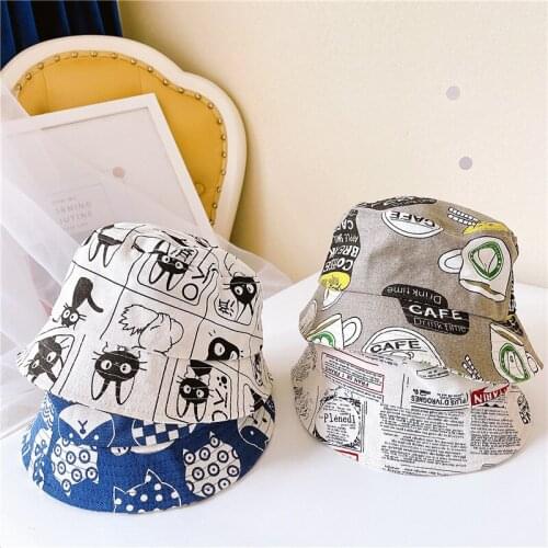 Children Bucket Hat Cartoon doodle cotton Baby Fisherman Hats Summer Outdoor Beach Sun Caps