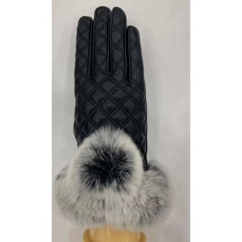Real Sheep Leather Long Finger Glove With Rex Rabbit Fur Cuffs Women Winter Warm Thick Gloves Fashion Thick Female Hand Warmer