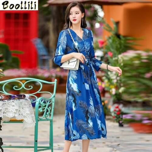 Boollili 100% Real Silk Dress 2020 Vintage Elegant Midi Dress Women Clothes Ladies Dresses Top Quality Party Dress Vestidos