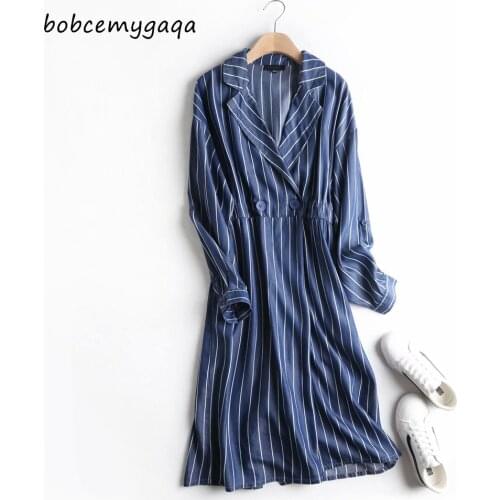 Notched striped long denim dress women slim waist long sleeve jeans long striped dress work office lady dress vestidos cotton