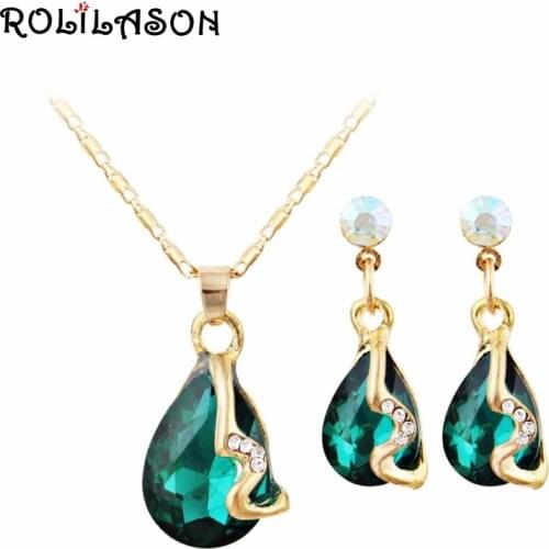 ROLILASON Green Zircon Necklace Set Golden Spring Carnival Jewelry Pendant Stud Earrings Classic Valentines Day Gift JS818