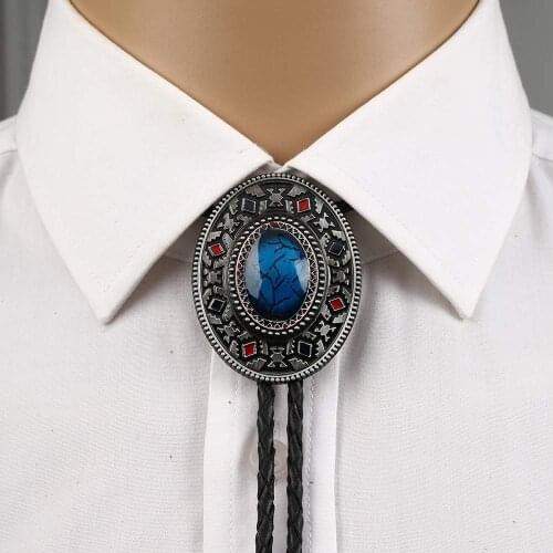Blue turquoise Bolo tie for woman women Handmade Western Art Indian Alloy Necktie silvr star Pentagram