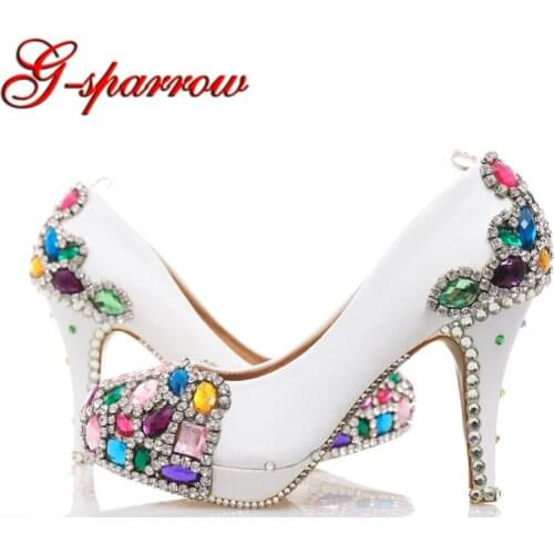 White Color Wedding Shoes with Mix Color Crystal Platform High Heels Performance Show Pumps Adult Ceremony Shoes Size 34-45