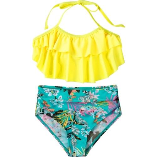 Kids Girls Tankini Beachwear Adjustable Halter Swimwear Swimsuit Bathing Suit Sets Ruffled Tops Floral Printed Bottoms Quick Dry