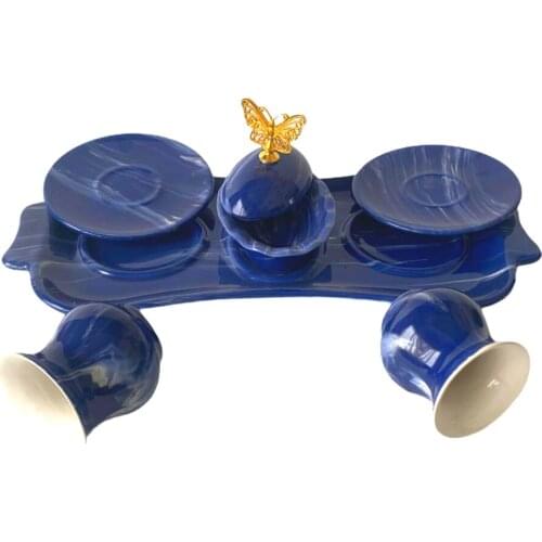Turkısh Ceramics Handmade Coffee Cups Wıth Plate For Two Person,Gıft,Present,Navyblue Color.Chocolate Bowl Set
