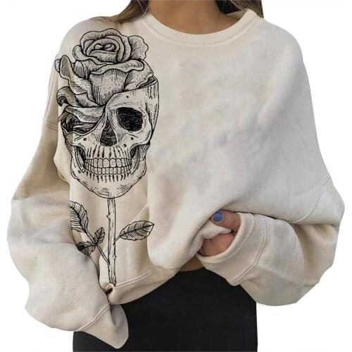 Vintage Skull Printed Hoodie Oversized Long Sleeve Sweater Female Casual Winter Fleece Sweatshirts Comfy Round Neck Tops Moletom