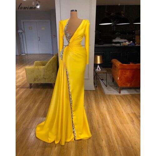 Yellow Muslim Formal Evening Dresses Long Beading Mermaid Pageant Dresses Women Party Night Arabic Celebrity Dresses Vestidos
