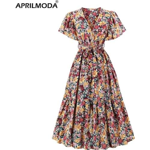 French Style Women Floral Long Party Dress Vintage Elegant Dinner Long Jurk Female Short Sleeve Retro Chiffon Women Clothing