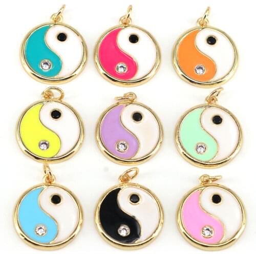 10Pcs,New Colorful Enamel Round Yinyang Shape Pendant, Gold CZ Religious Charm, Necklace Bracelet Charm Pendant,17mm