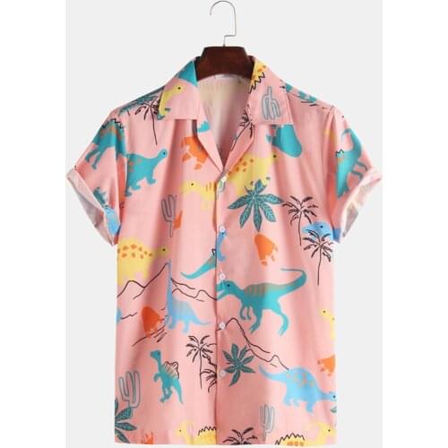 2021 Fashion Hawaiian Shirt Mens Funny Style Dinosaur Cartoon Printed Short Sleeve Pink Shirts Men Korean Clothes Free Shipping