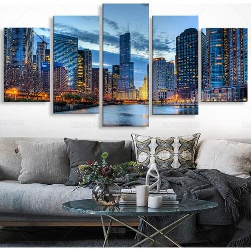 5 Pieces of High-definition Oil Painting Chicago Cityscape Wall Decoration Living Room Office Art Home Decoration Without Frame