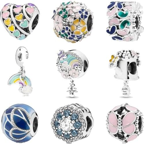 ANOMOKAY 100% Sterling 925 Silver Mix Style Rainbow Heart Spring Series Charms Beads fit Pandora Bracelet DIY Bracelet Gift