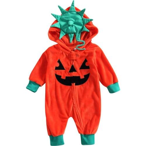 Newborn Baby Autumn Winter Clothes Cartoon Pumpkin Hooded Romper Long Sleeve Full Zip Jumpsuit Halloween Costume