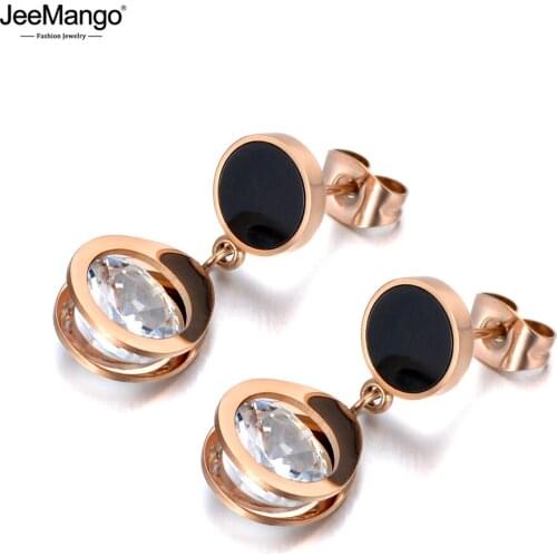 JeeMango Trendy Titanium Stainless Steel Black Acrylic Geometric Earrings For Women Bohemia Cubic Zirconia Beach Jewelry JE20055