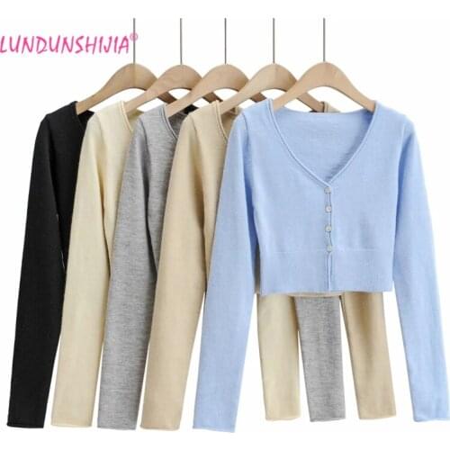 LUNDUNSHIJIA Women Fashion High Waist And Exposed Navel V-neck Long-Sleeve Cardigans Tops Elastic Knitting Sweater Crop Tops