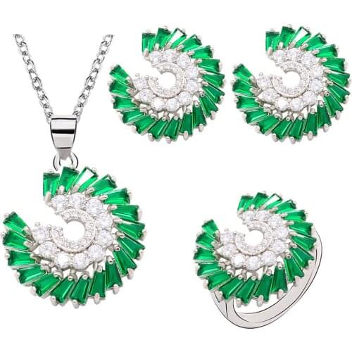 Green Blue Semi-precious Silver Color Jewelry Sets for Women Stud Earrings Necklace Pendant Ring 2021 Newest