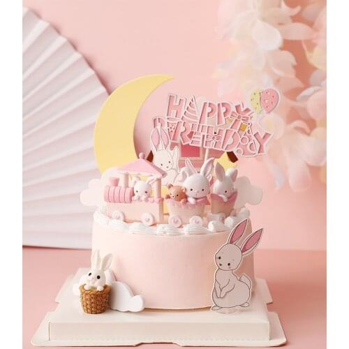 Lovely Rabbit Train Cake Topper For Baby Girls Happy Birthday Pink Bunny Moon Best Party Cake Decoration Baby Shower Gifts