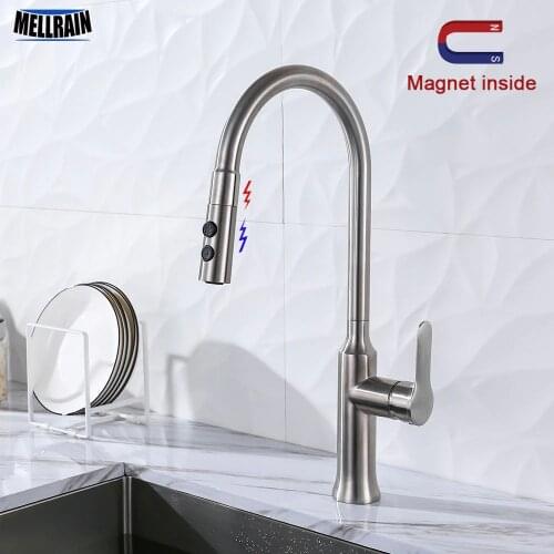 Magnet Suction Stainless Steel Pull Out Kitchen Faucet Double Functions Kitchen Sink Water Mixer Brushed Finished Solid Tap