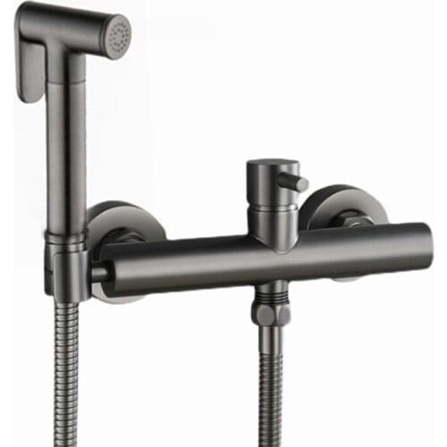 Brushed gray Toilet Handheld Solid Brass Bidet Spray Shower Sprayer Set With Hot and Cold Mixer black pvc or pu hose BD114