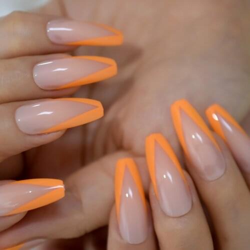 Ballerina Shape False Nails Large V Shape Extra Long French Nail Art Tips Predesigned Neon Orange Nude Manicure Tips 24