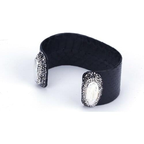 Natural Freshwater Pearl End Bead Charm Rhinestone Dark Red Navy Blue Real Snake Leather Big Wide Open Bangles Cuffs For Women