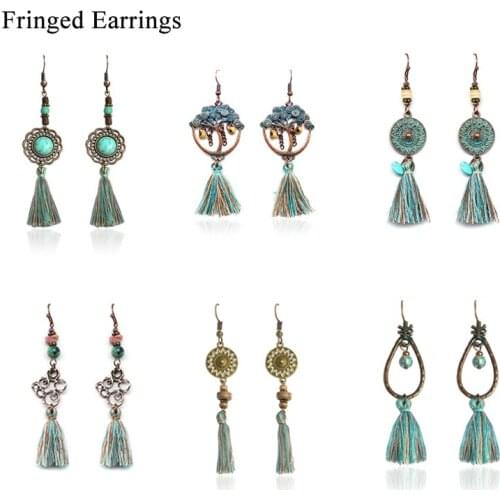 Wholesale Gypsy Vacation Earrings Boho Colorful Tassel Coin Indian Auspicious Cloud Hollow Tree Carved Peacock Blue Silk Thread