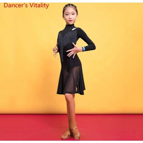 Latin Dance Girls Autumn And Winter Long-Sleeved Tassel Dress Childrens Temperament Collar Performance Competition Clothes