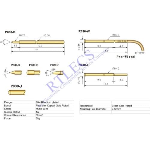 10Pcs 0.65 MM Pitch Min Spring Test Probe P030 Bare PCB POGOPin Gold Plated Length 11.5 MM Socket Receptacle 0.30MM Dia