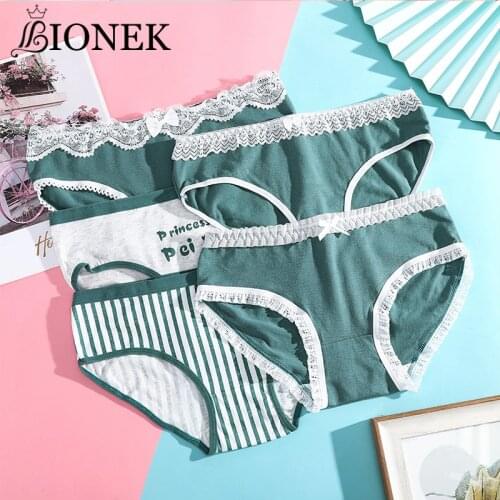 BIONEK New Women Cotton Large Size Underwear Panties Antibacterial Rising Japanese Girl Bow Tripper Lace Cute Underwear Female