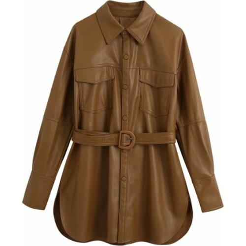 European and American Style Women PU Shirt Jacket Wild Loose 2021 New Spring and Autumn Belt Imitation Leather Coat NS2470