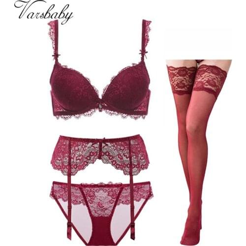 Varsbaby womens sexy three quarters push up underwear underwire bra sets 4 Pcs/Lots
