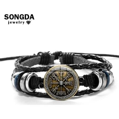 Vintage Viking Compass Leather Bracelet Men Women Nordic Runes Odin Symbol Printed Glass Time Gem Charm Bracelets Bangles